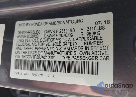 2018 Honda Accord Sport from USA, damaged, VIN 1HGCV1F30JA210861